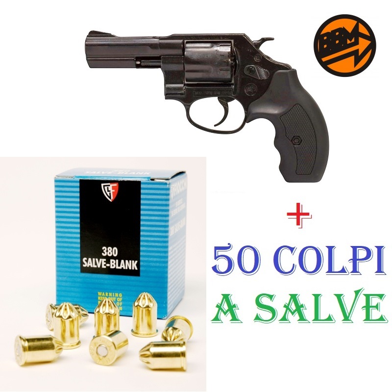 Scacciacani bruni new 380 4p - pistola a salve top firing in calibro 380 mm con valigetta - arma da segnalazione acustica e da collezione con pacco di 50 colpi a salve - replica del revolver smith&wesson 38 special da 4 pollici di colore nero marca bruni guns.